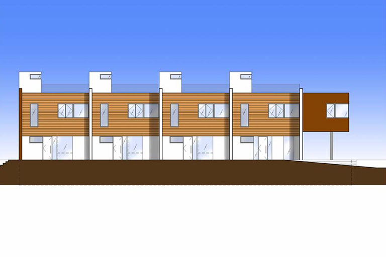 Modern row of townhouses architectural illustration.