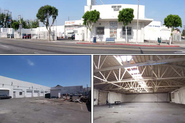 Industrial building exterior and interior views.