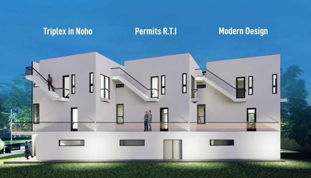 Modern triplex building with exterior staircases.